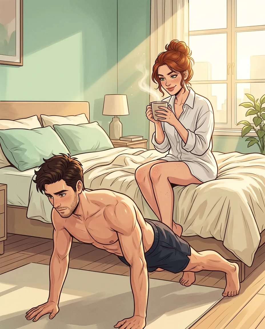 Theo doing push-ups beside the bed while Lena, in his shirt, watches over her coffee