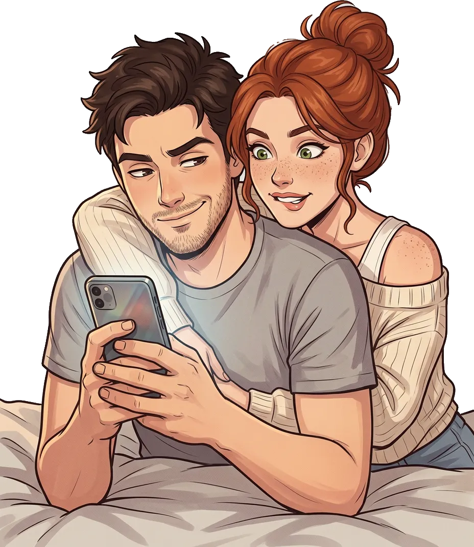Theo showing Lena something on his phone, she looks impressed
