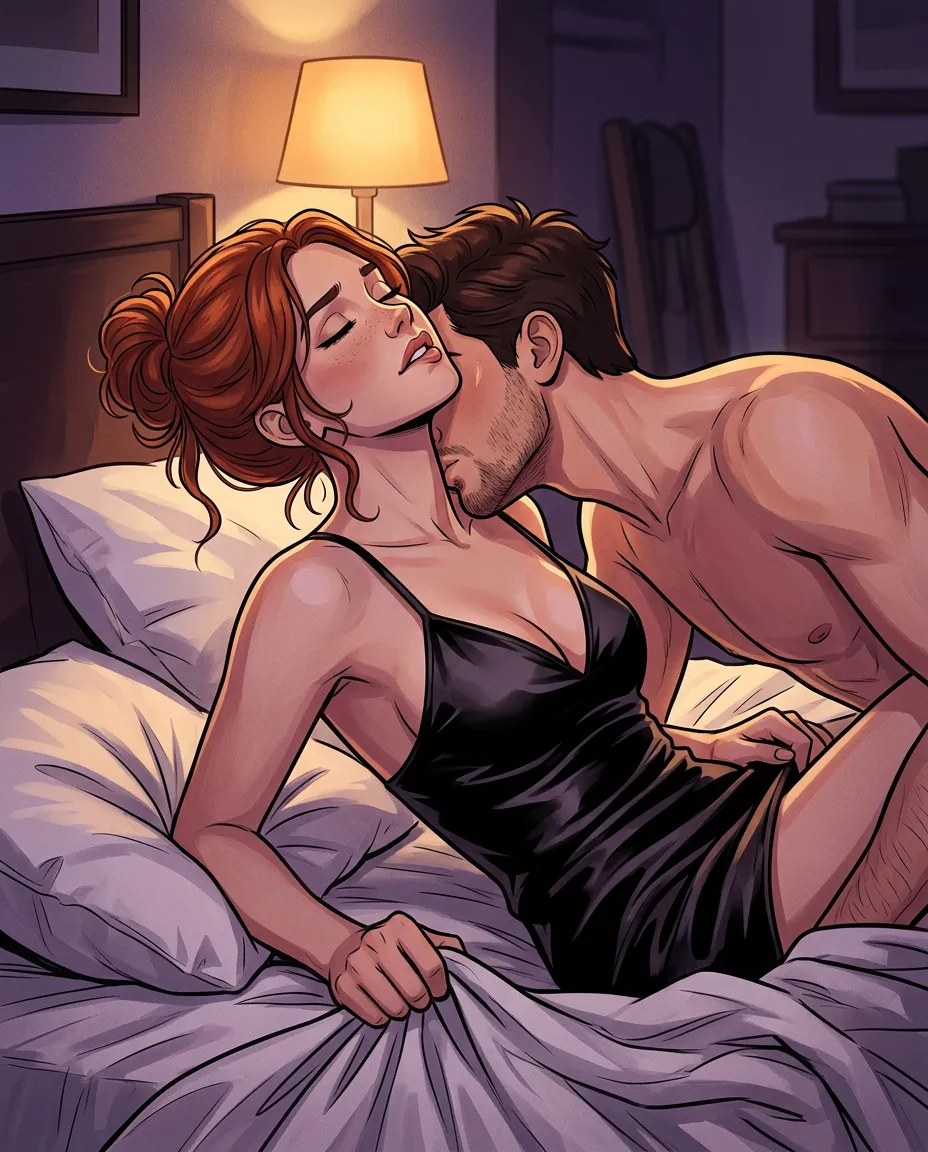 Theo kissing Lena's neck as she leans back on the pillows in a black slip