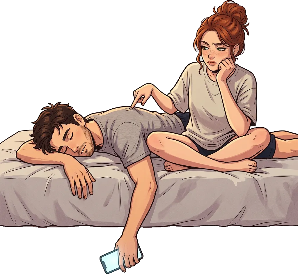 Theo asleep face-down while Lena pokes his back